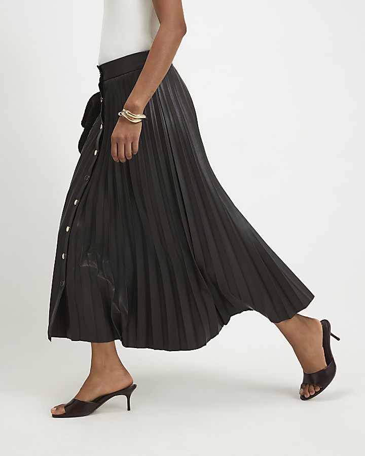 Brown Popper Front Pleated Midi Skirt