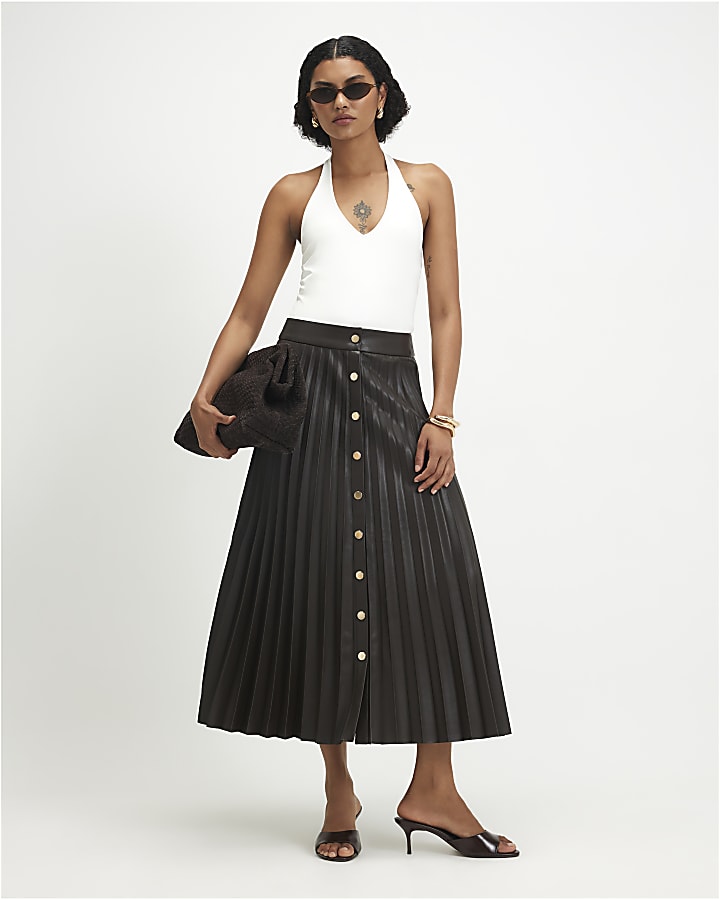 Brown Popper Front Pleated Midi Skirt
