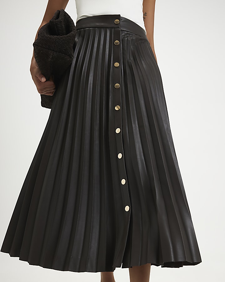 Brown Popper Front Pleated Midi Skirt