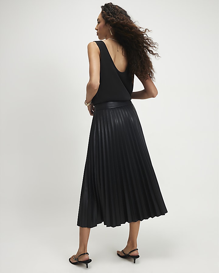 Black Popper Front Pleated Midi Skirt