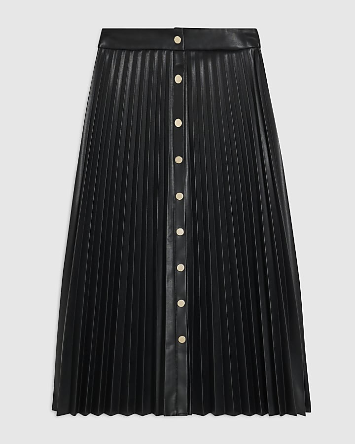 Black Popper Front Pleated Midi Skirt