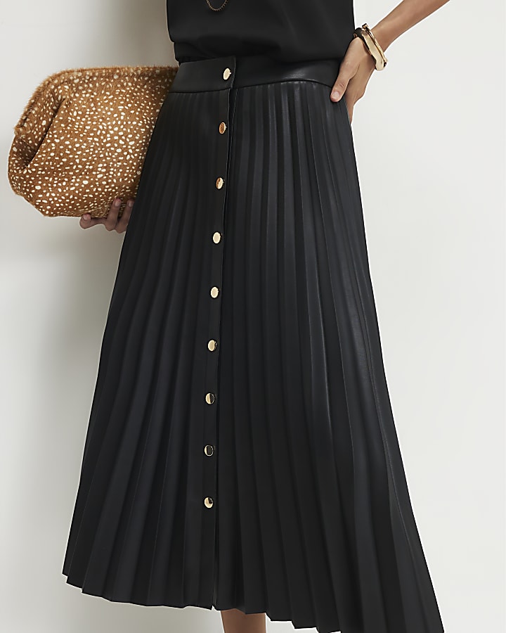 Black Popper Front Pleated Midi Skirt