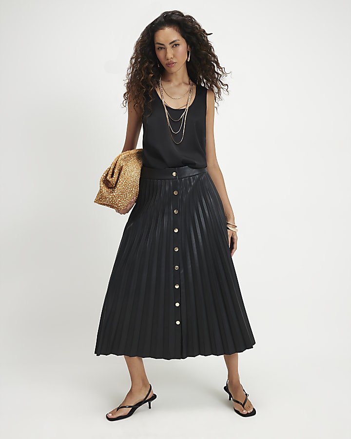 Black Popper Front Pleated Midi Skirt