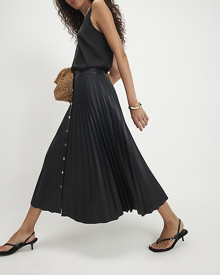 Black Popper Front Pleated Midi Skirt