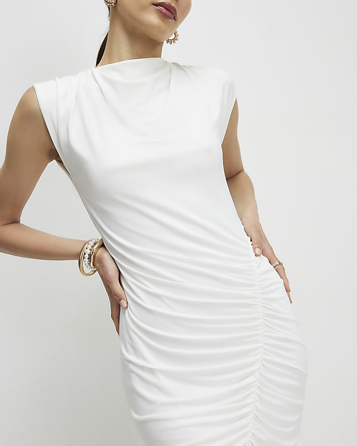 Cream Ruched Maxi Dress