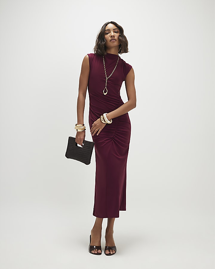 Red Sleeveless Ruched Maxi Dress