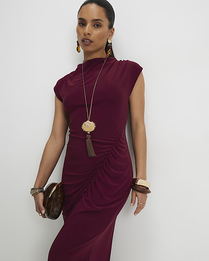 Petite Red Ruched Maxi Dress