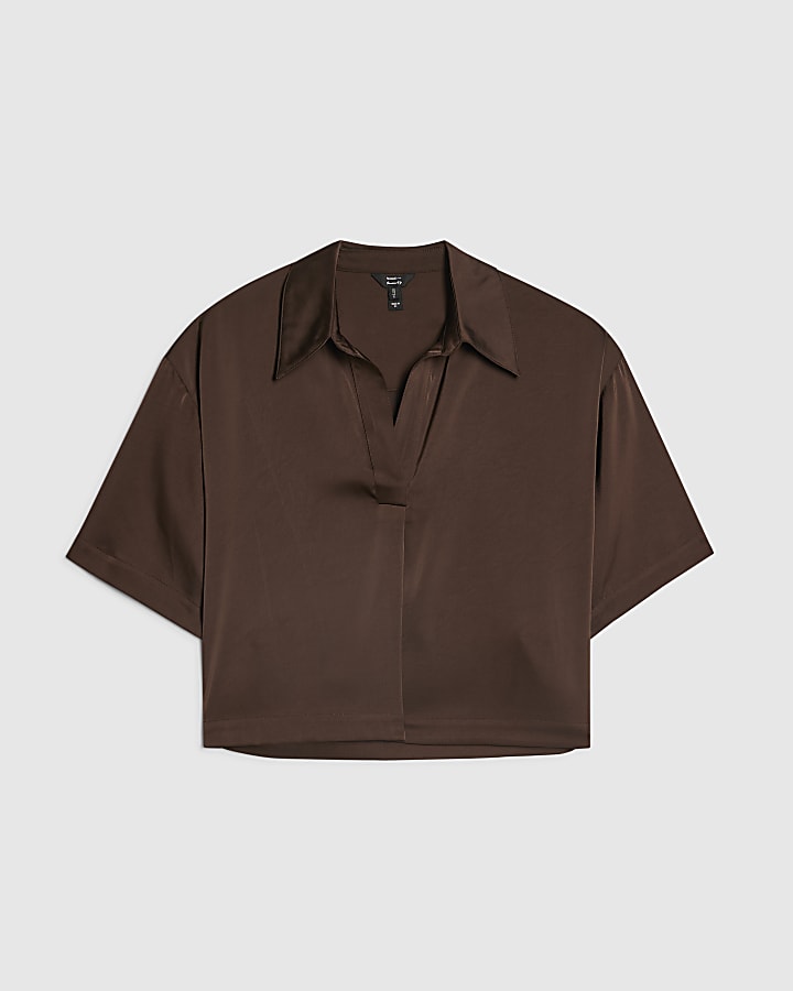 Brown Satin Polo Top