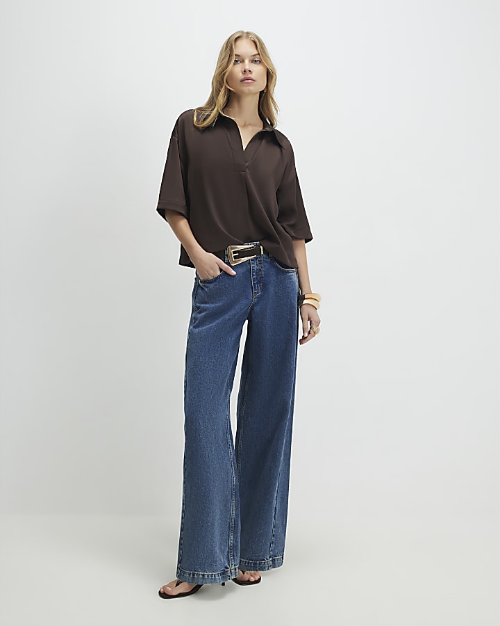 Brown Satin Polo Top