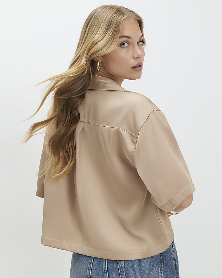 Beige Satin Polo Top