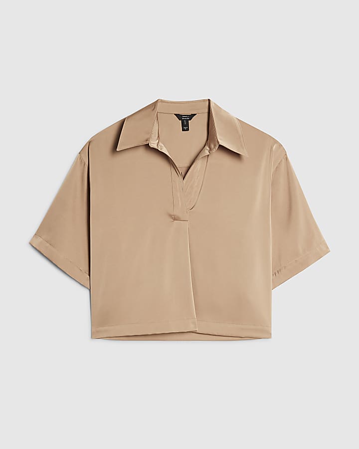Beige Satin Polo Top