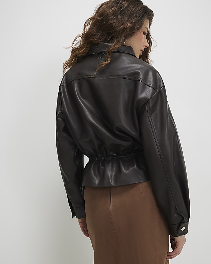 Brown Drawstring Funnel Neck Jacket