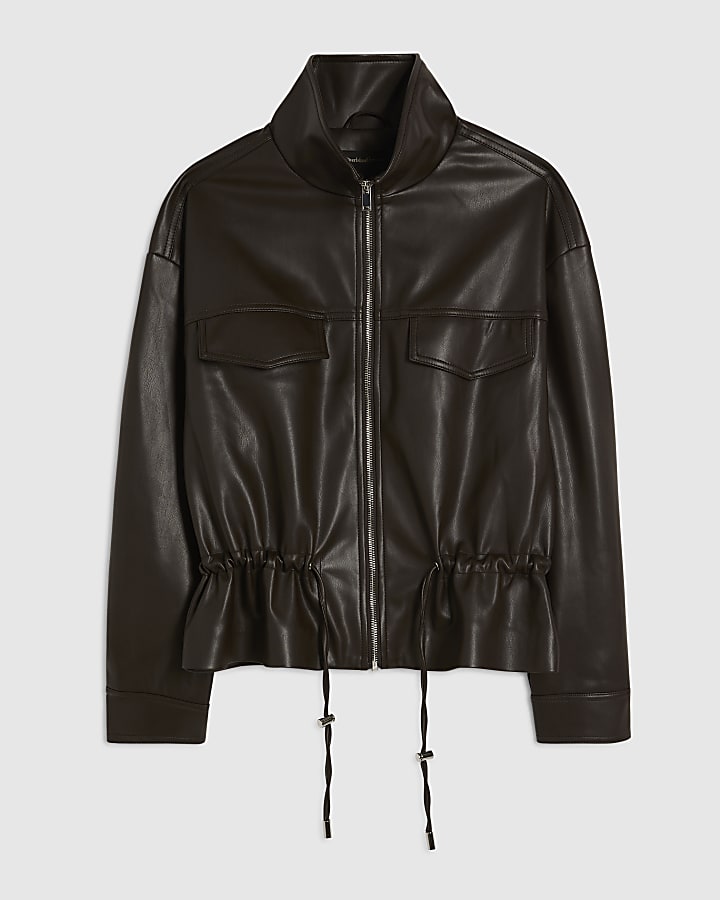 Brown Drawstring Funnel Neck Jacket