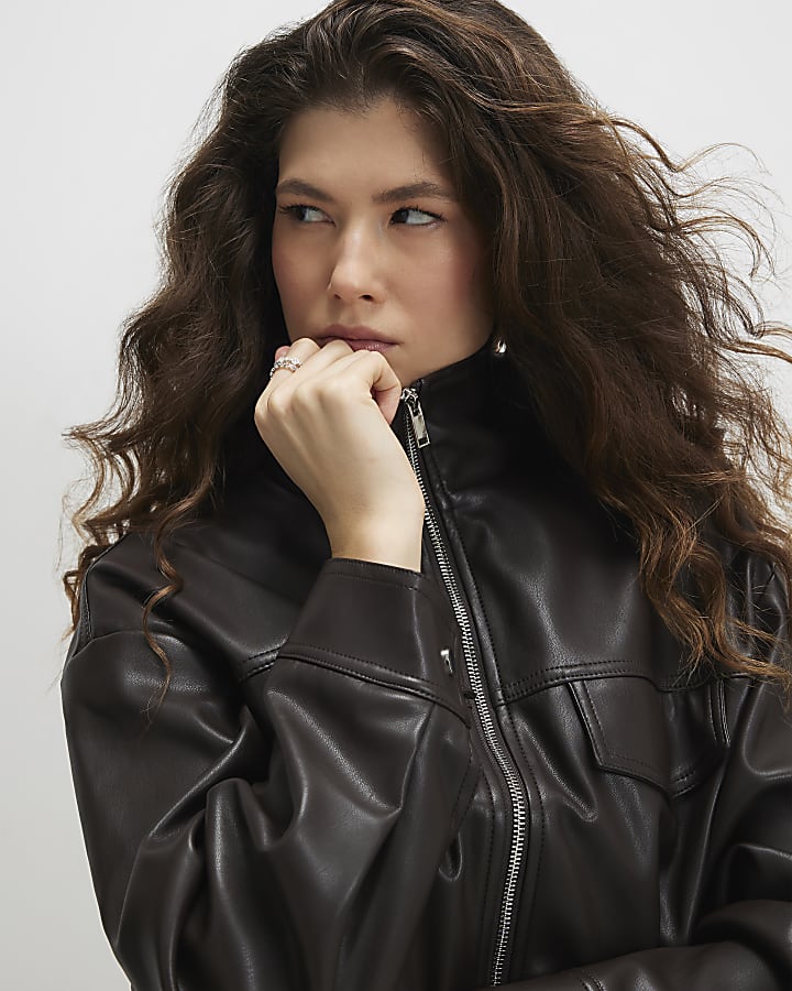 Brown Drawstring Funnel Neck Jacket