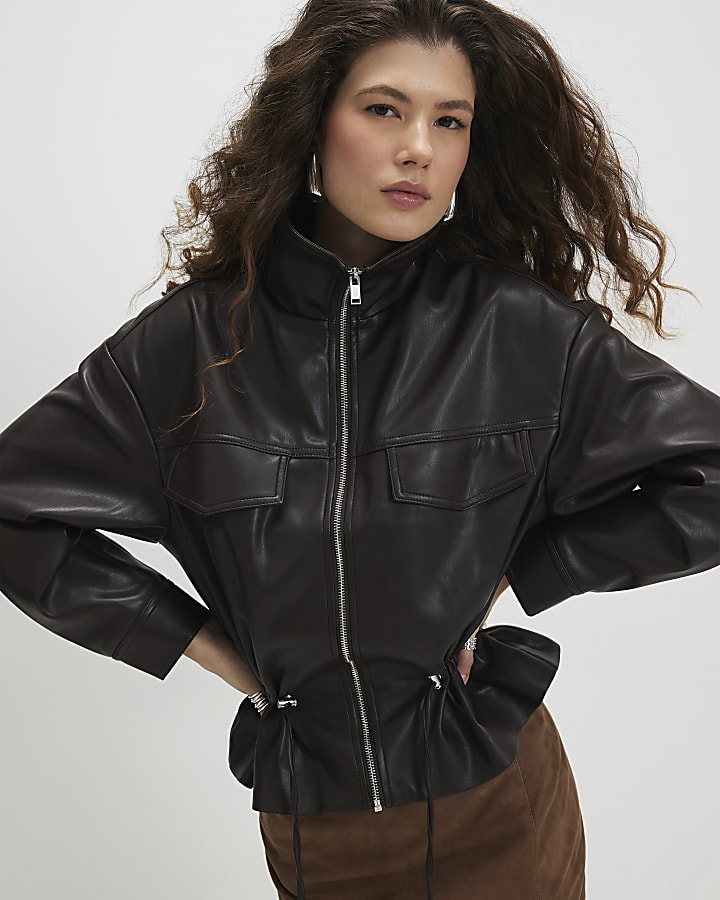 Brown Drawstring Funnel Neck Jacket