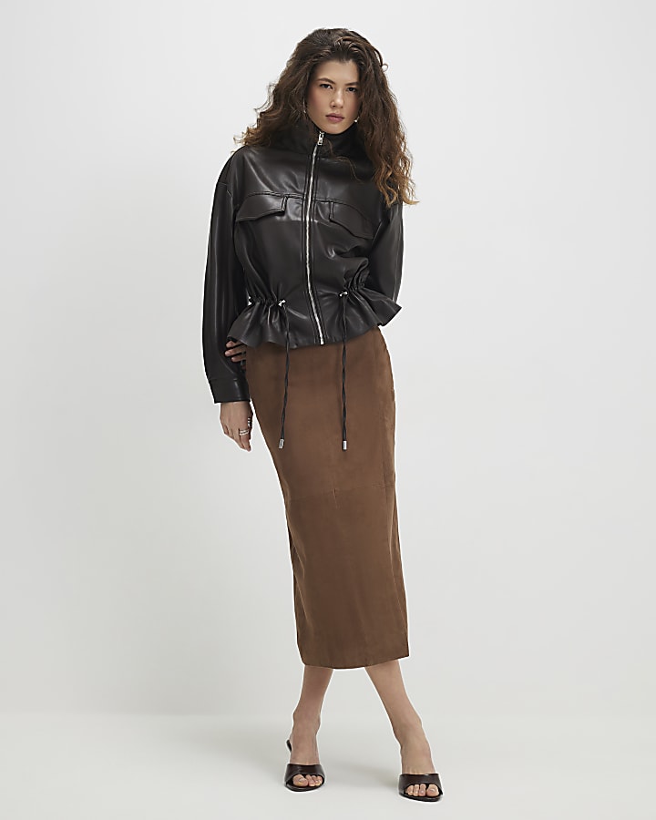 Brown Drawstring Funnel Neck Jacket