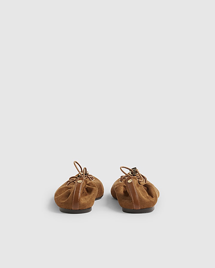 Brown Faux Suede Lace Up Ballet Flats