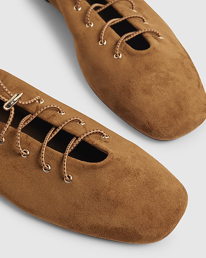 Brown Faux Suede Lace Up Ballet Flats