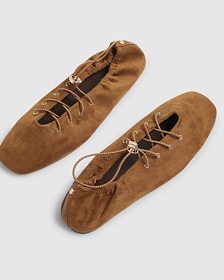 Brown Faux Suede Lace Up Ballet Flats