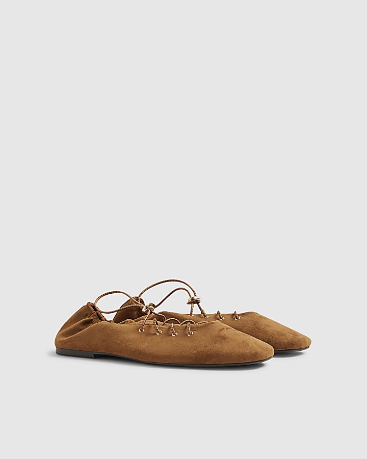Brown Faux Suede Lace Up Ballet Flats
