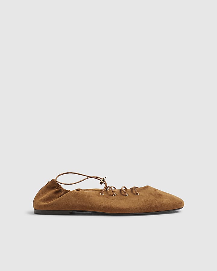Brown Faux Suede Lace Up Ballet Flats