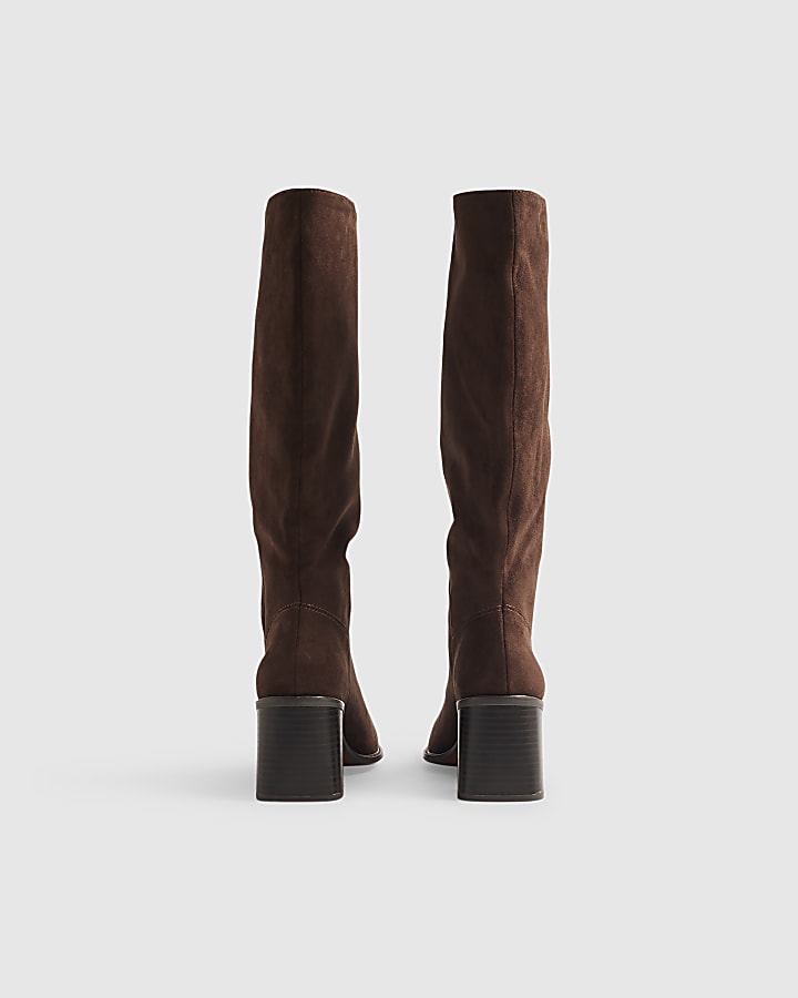 Brown Faux Suede High Heeled Slouch Boots