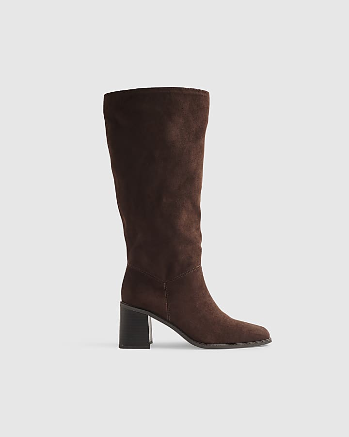 Brown Faux Suede High Heeled Slouch Boots