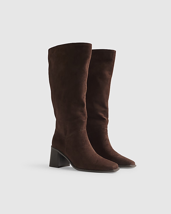 Brown Faux Suede High Heeled Slouch Boots