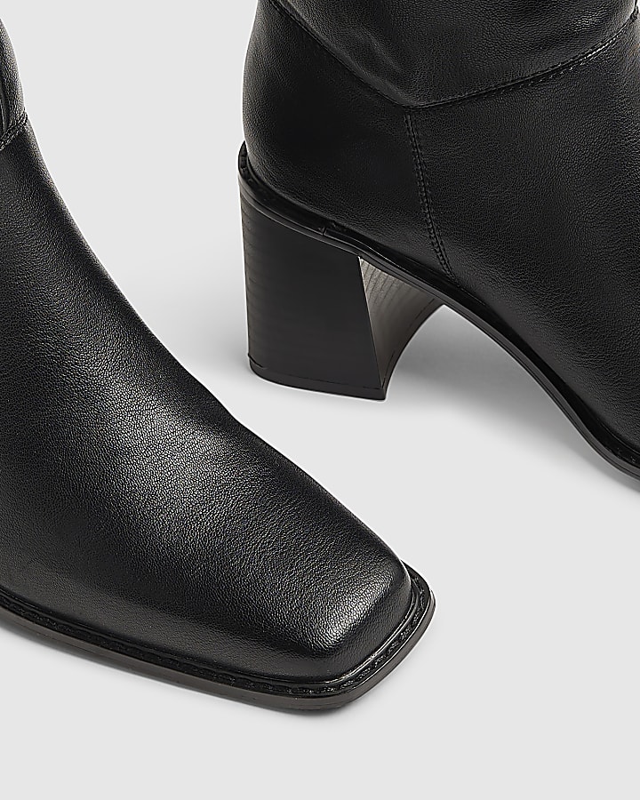 Black Block Heel High Leg Slouch Boots