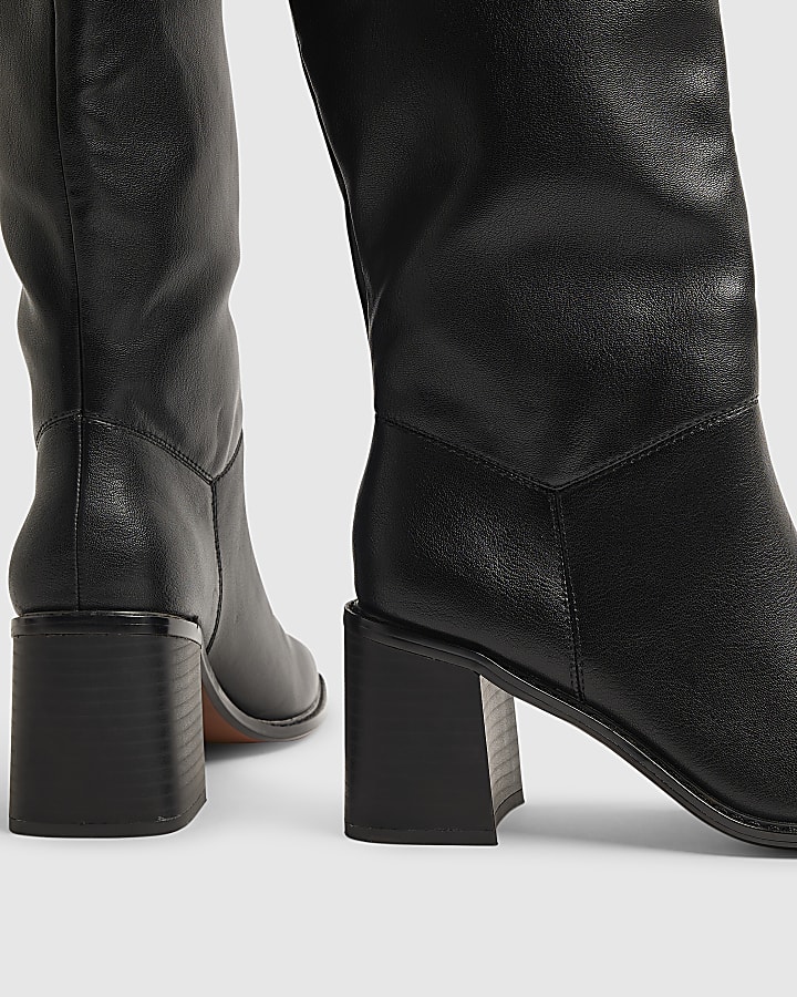 Black Block Heel High Leg Slouch Boots