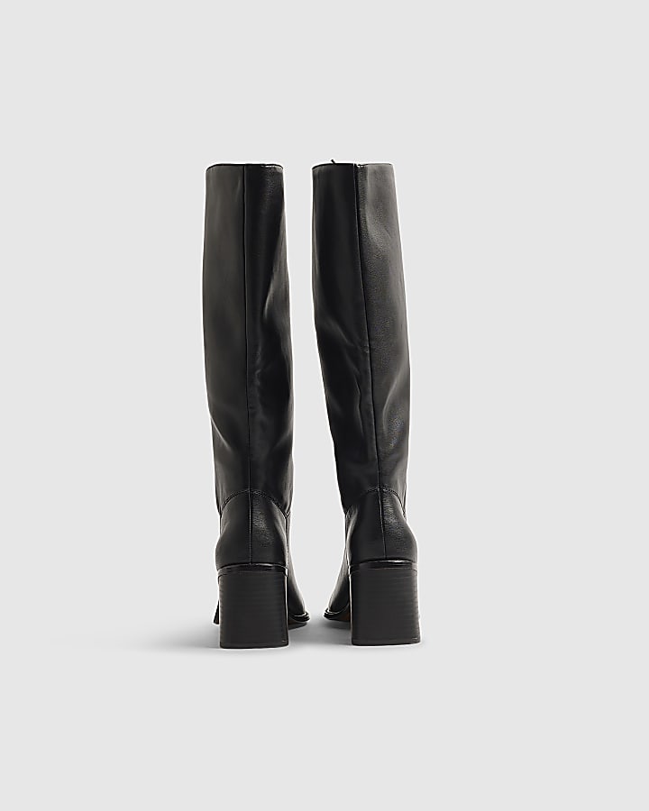 Black Block Heel High Leg Slouch Boots