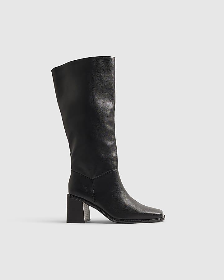 Black Block Heel High Leg Slouch Boots