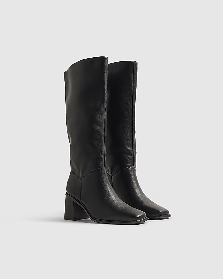 Black Block Heel High Leg Slouch Boots