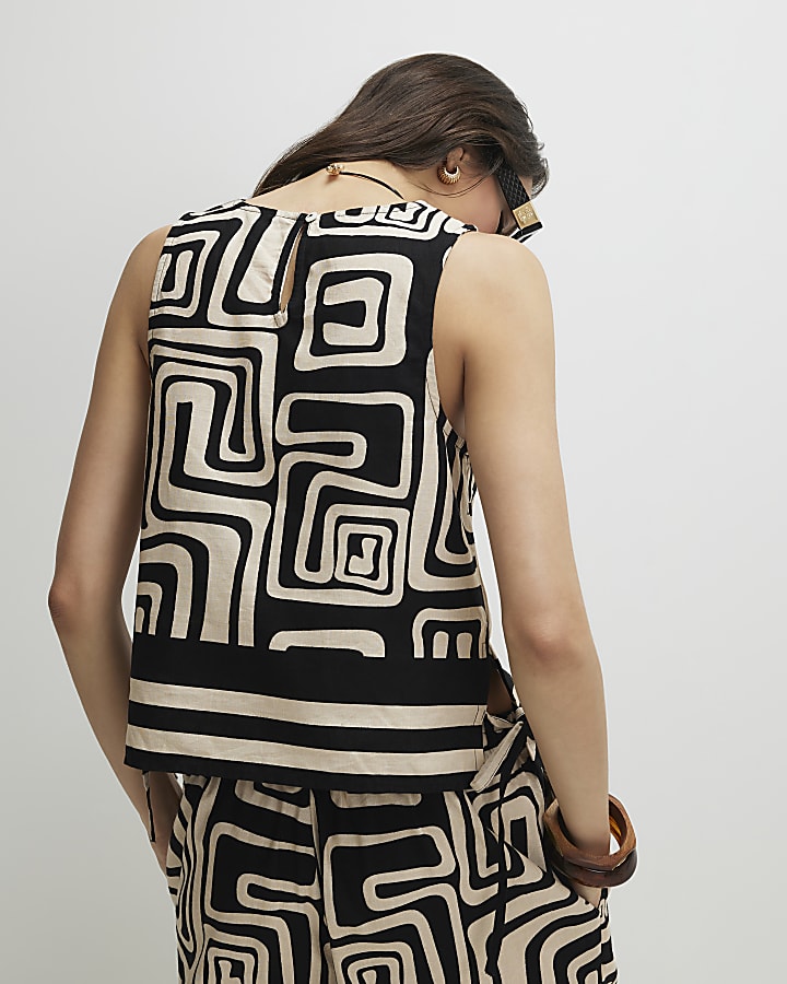 Black Geometric Print Linen Tank