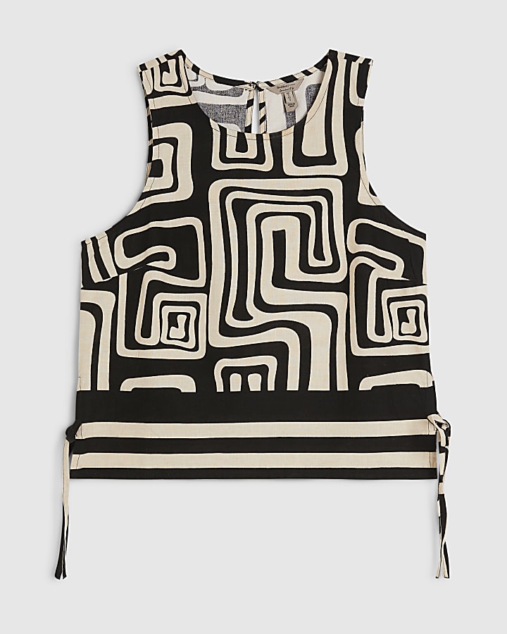 Black Geometric Print Linen Tank