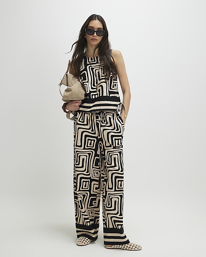 Black Geometric Print Linen Tank