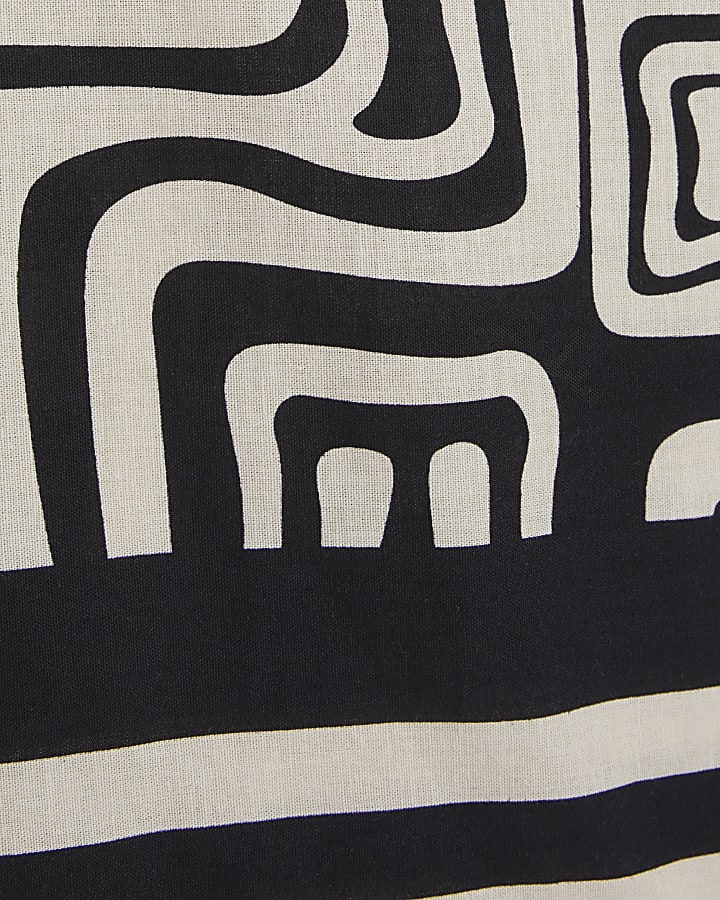 Black Geometric Linen Blend Wide Leg Trousers