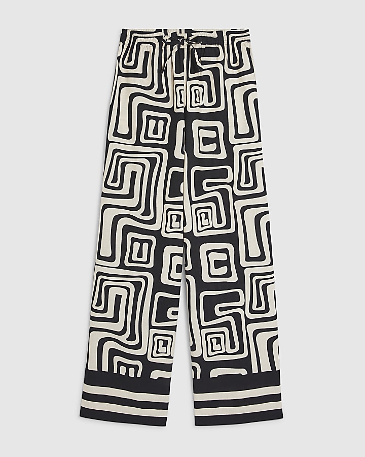 Black Geometric Linen Blend Wide Leg Trousers