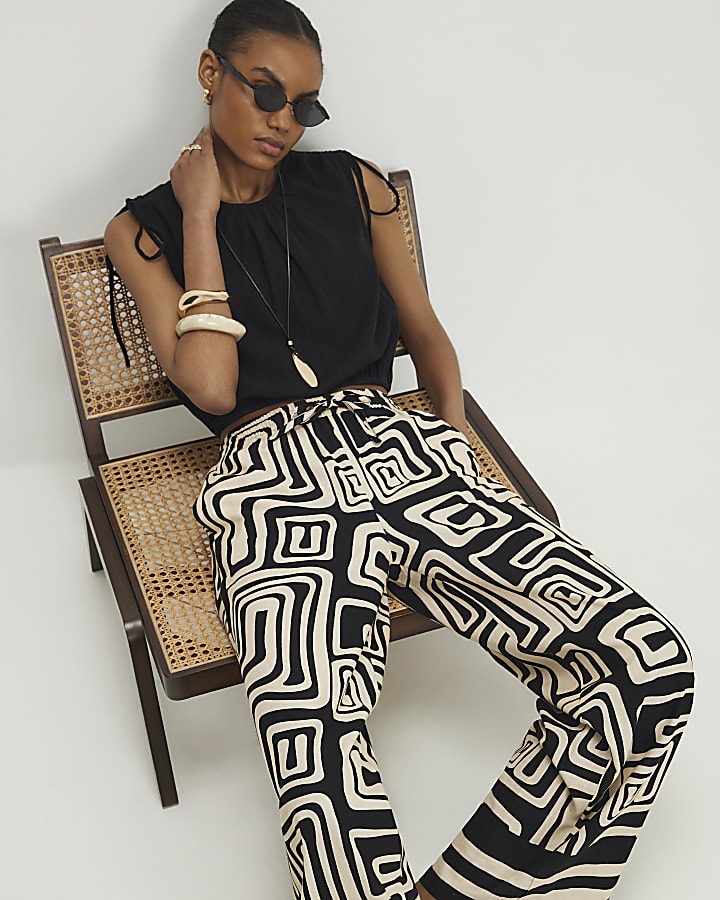 Black Geometric Linen Blend Wide Leg Trousers