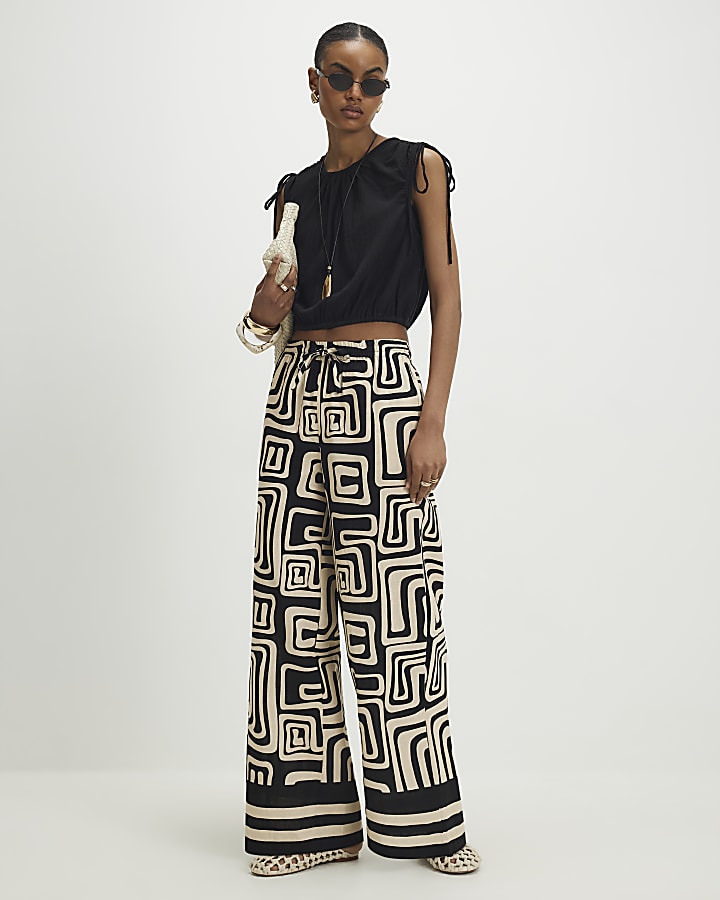 Black Geometric Linen Blend Wide Leg Trousers