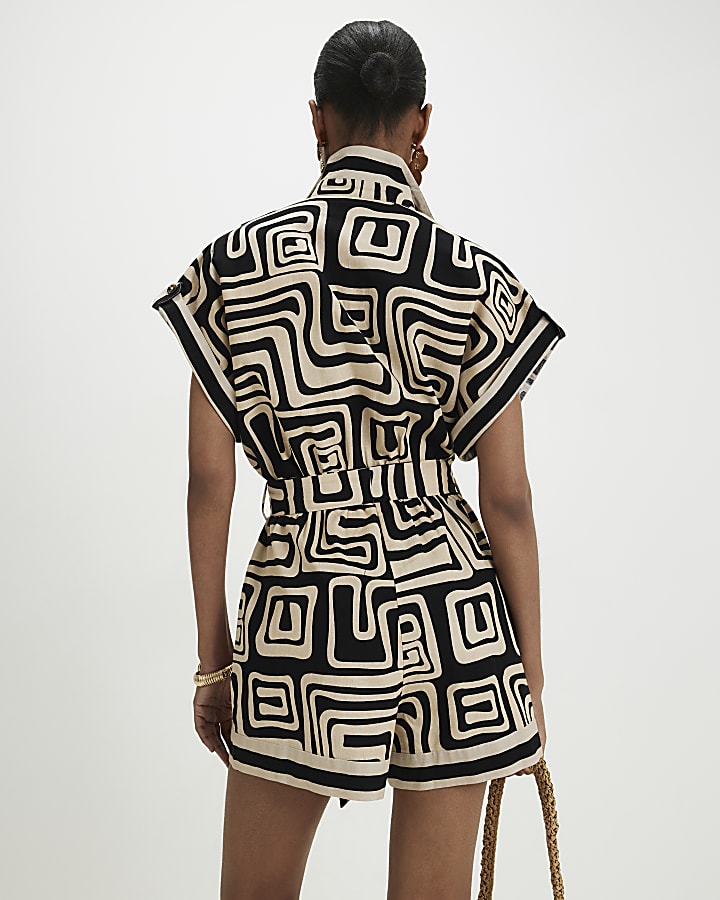 Black Geometric Print Linen Blend Playsuit