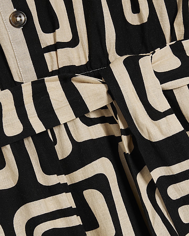 Black Geometric Print Linen Blend Playsuit