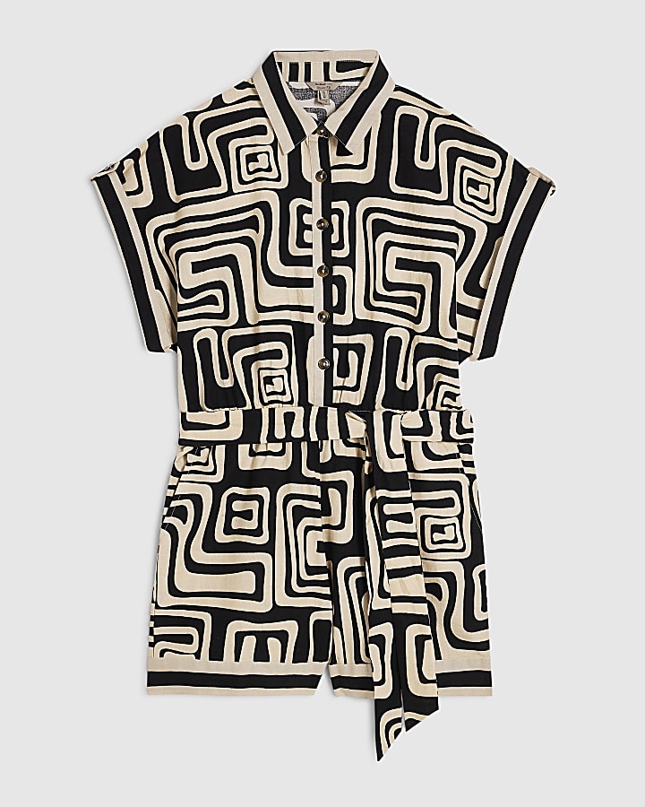Black Geometric Print Linen Blend Playsuit