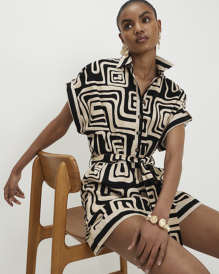 Black Geometric Print Linen Blend Playsuit