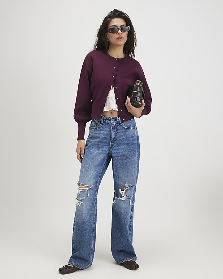 Red Scallop Detail Knit Cardigan
