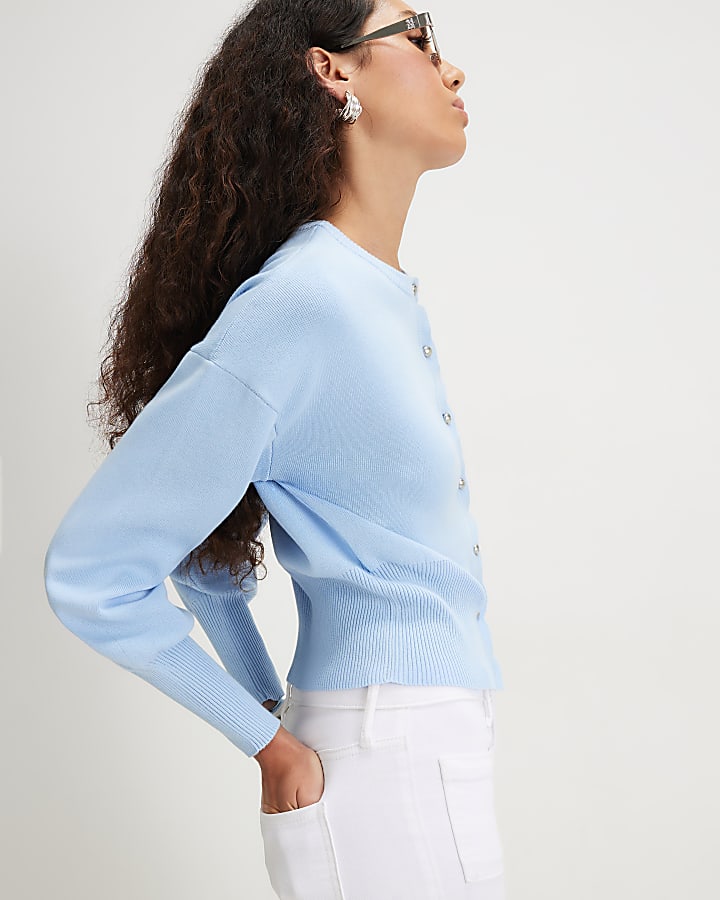 Blue Scallop Detail Knit Cardigan
