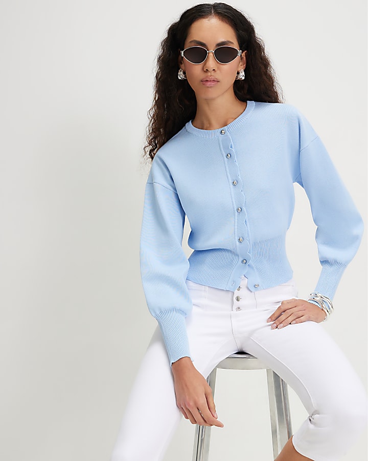 Blue Scallop Detail Knit Cardigan