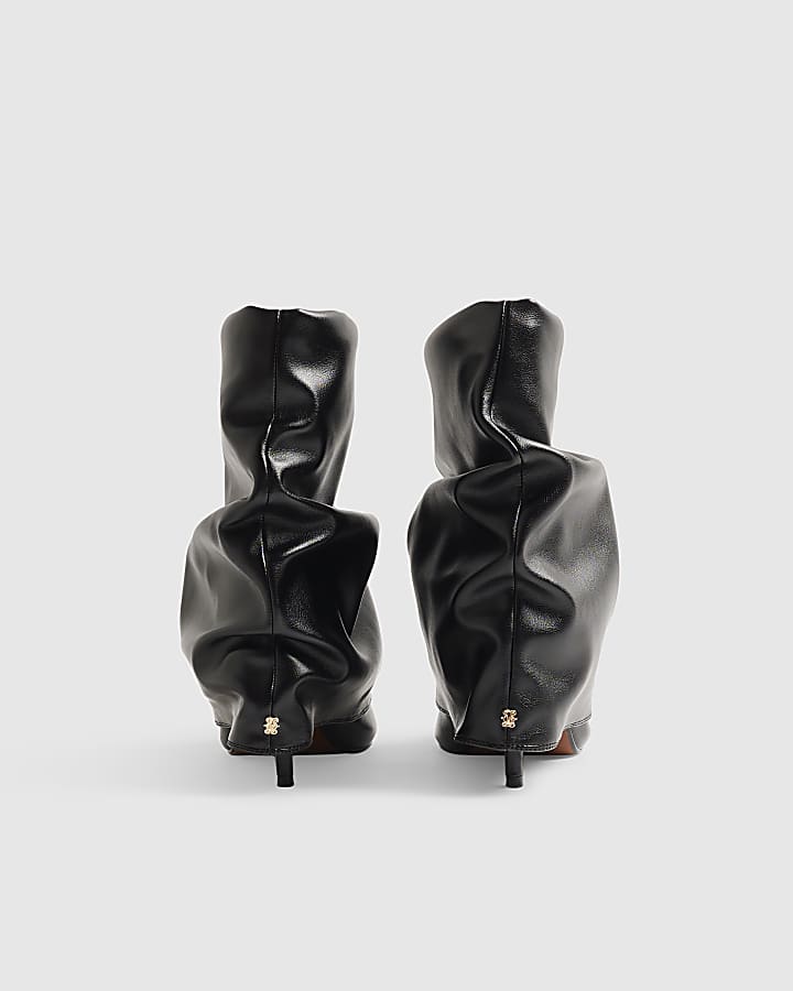 Black Faux Leather Ruched Folded Ankle Boots