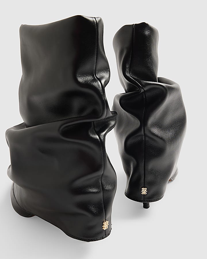 Black Faux Leather Ruched Folded Ankle Boots