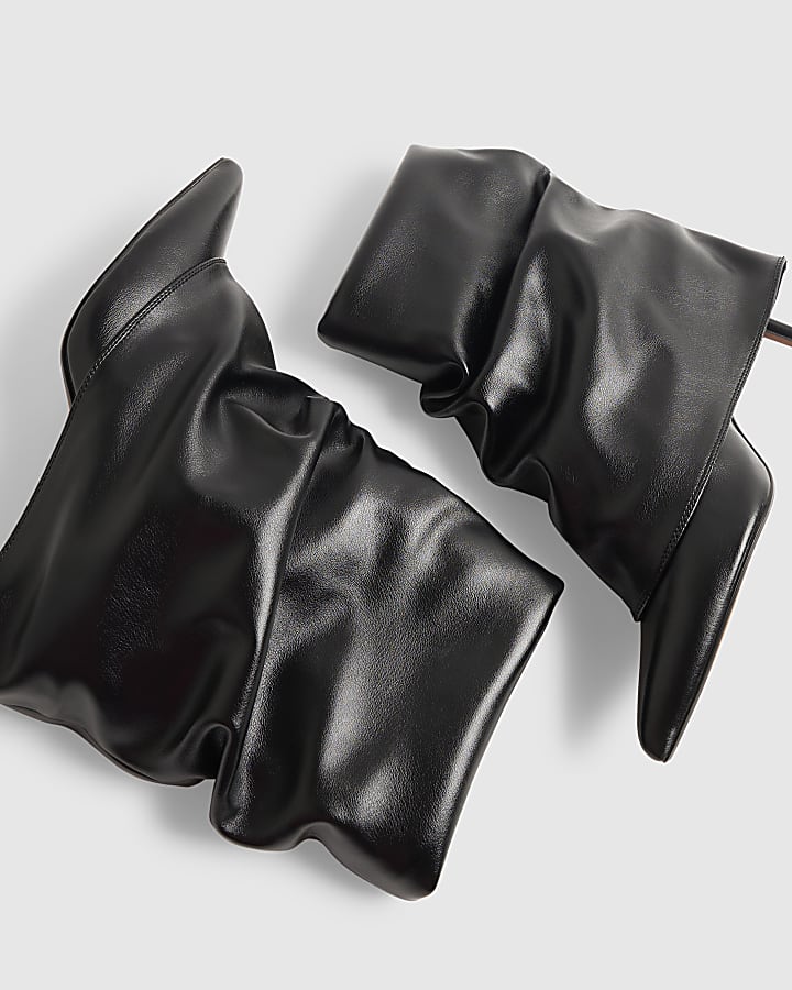 Black Faux Leather Ruched Folded Ankle Boots